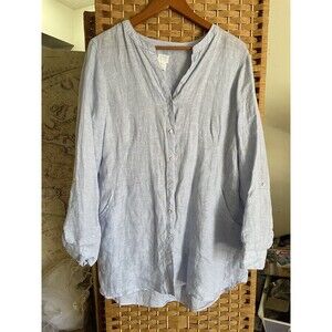 Sigrid Olsen 100  Linen Women Large  Top Blouse Tunic Blue Roll Tab Sleeve L